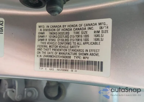 2014 Honda Cr-V Lx из США, поврежденный, VIN 2HKRM3H37EH560698